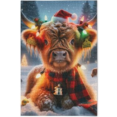 Imagem de Highland Cow Christmas Quebra-cabeças personalizados fofos para adultos 1000 peças quebra-cabeça de 1000 peças presentes exclusivos coloridos decoração de casa, arte de decoração de casa, 75 x 50 cm