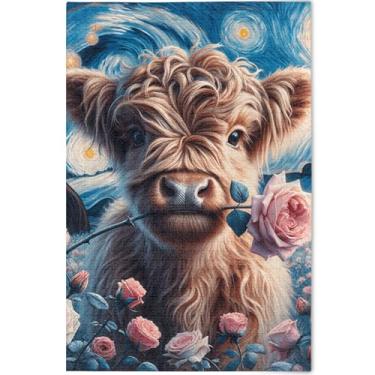 Imagem de Quebra-cabeça personalizado Highland vaca gado rosa fofa 1000 peças para adultos quebra-cabeça engraçado legal exclusivo pintura de arte animal, 75 x 50 cm