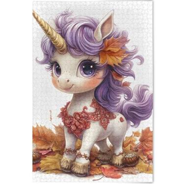 Imagem de Quebra-cabeças personalizados com folhas de outono de unicórnio, 500 peças para adultos, família, brinquedo, arte, quebra-cabeças difíceis, divertidos, bobos, 52 x 37,8 cm