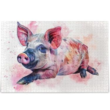 Imagem de Quebra-cabeças engraçados personalizados de porco em aquarela para adultos, 1000 peças, desenhos animados, arte animal, quebra-cabeças divertidos para adultos, jogo engraçado, 75 x 50 cm