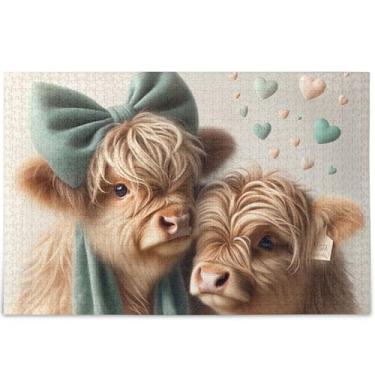 Imagem de Engraçado gado highland vaca bezerro 1000 peças quebra-cabeças para adultos família elefante branco presentes exclusivos para adultos arte colorida animal, 75 cm x 50 cm