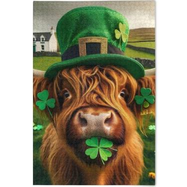 Imagem de Highland Cow St Patricks Quebra-cabeças engraçados adultos 1000 peças presentes para jogo de elefante branco arte divertida quebra-cabeça pintura animal, 75 cm x 50 cm