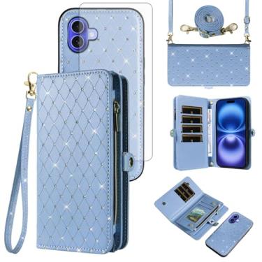 Imagem de Capa de telefone para iPhone 16 Plus 17.0 cm carteira com zíper destacável protetor de tela protetor de tela transversal alça de cordão glitter flip porta-cartão slot i Phone16 16+ i16 + 16Plus