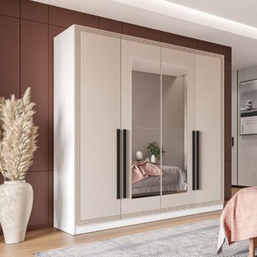 Imagem de Guarda Roupa Roupeiro 4 portas 4 gavetas com Espelho Valência Branco Creme Politorno Móveis