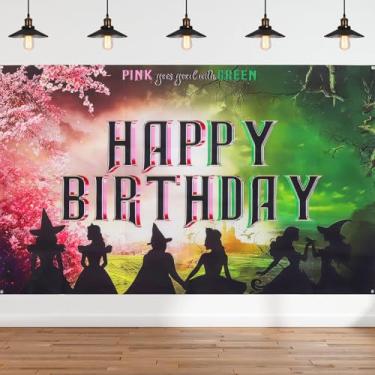Imagem de Pano de fundo de aniversário rosa e verde, decorações de festa de aniversário malvadas, tema de bruxa, faixa de feliz aniversário, cenário fotográfico para princesas, meninas, meninos, mulheres