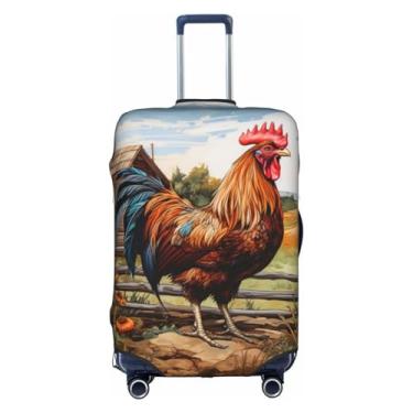 Imagem de XLLingL Capa protetora de mala de viagem com estampa de galo em madeira na terra agrícola com zíper oculto pano elástico lavável, Branco, Large