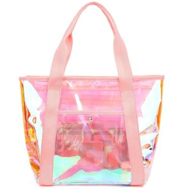 Imagem de Fammart Bolsa de praia transparente para mulheres, sacola transparente com zíper para eventos de estádio, esportes, shows, trabalho, Rosa iridescente, Large, Tendência