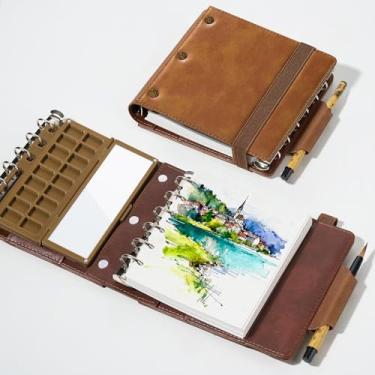 Imagem de Conjunto de caderno de desenho portátil em aquarela - 100% algodão, prensado a frio, 13 x 10 cm, 20 folhas, diário de arte com paleta de tinta de cerâmica de 18 poços e pincéis de água de viagem para