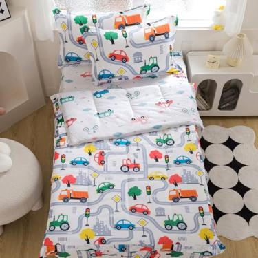 Imagem de qjmiaofang Jogo de cama infantil com zíper, estampa de carros solteiros, tudo em um, com zíper, 4 peças, para meninos, microfibra macia, edredom com zíper, lençol com elástico, decoração de casa