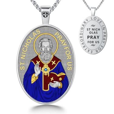 Imagem de OIGVCOTE Colar com pingente St. Nicholas Pray For Us - Medalhão de ícone religioso cristão, joia padroeira de prata altamente polida, presente de confirmação católica com corrente ajustável, 44