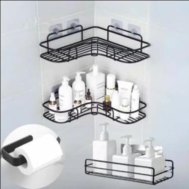 Imagem de Kit 5 Suportes Porta Shampoo Organizadores De Metal Para Banheiro E Cozinha Prateleira Com Adesivos (3 Prateleiras + Gancho Papel)