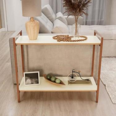 Imagem de Mesinha Lateral de Apoio para Sofá - Aparador para Cantinho, Bar e Café, Decoração Prática e Estilizada para Sala e Ambientes Domésticos (Off-White Pés Cobre)