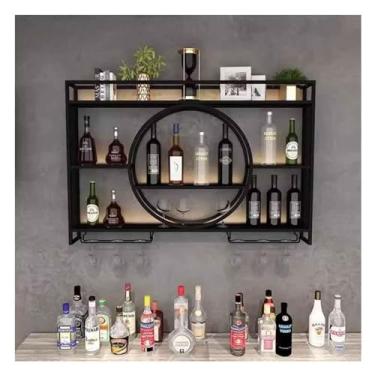 Imagem de Rack de vinho montado na parede com suporte de taça de vinho, prateleiras flutuantes para armazenamento de vinho, rack de exibição simples para pendurar em casa, cozinha, bar, restaurante, decoração