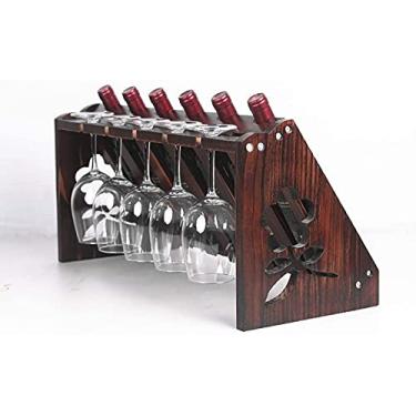 Imagem de Suporte de rack de vinho montado na parede feito de madeira maciça decora a sala de estar com uma garrafa de vinho na cabeça Prateleira de uso duplo Suporte de vinho de vidro pendurado - / Rack de