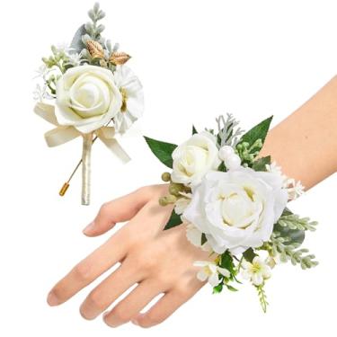 Imagem de Serwalin Conjunto de corpete branco e flor na lapela, pulseira de corpete de pulso rosa artificial e flor na lapela para formatura, baile, casamento, festa de aniversário, vestido de formatura