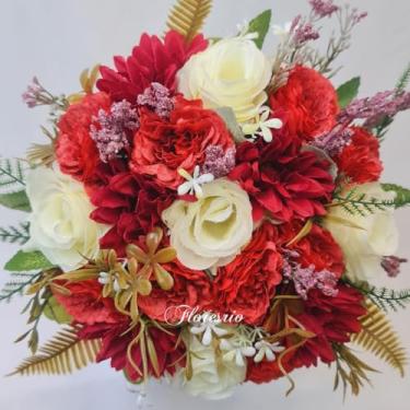 Imagem de Buquê de Noiva Artificial com Flores Coloridas para Casamento Civil ou Religioso(Vermelho/614Vermelho/023Creme)