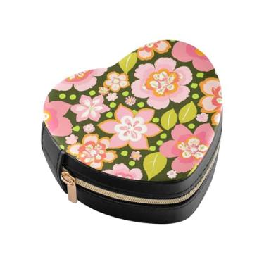 Imagem de Burbuja Caixa de joias em forma de coração de flores rosa de desenho animado mini estojo de joias de viagem para mulheres e meninas, organizador portátil de armazenamento para brincos, anéis, colares
