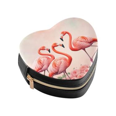 Imagem de Burbuja Caixa de joias em forma de coração flamingos rosa mini estojo de joias de viagem para mulheres e meninas, estojo portátil organizador de armazenamento para brincos, anéis, colares e pulseiras