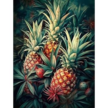 Imagem de Generic Pintura de arte de diamante abacaxi havaiano folhas de palmeira tropicais flores na selva (1) kit para adultos pintura de arte de diamante por números Kits de decoração de parede para casa