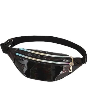 Imagem de Pochete feminina holográfica, transversal, à prova d'água, com cinto ajustável, bolsa de quadril, moderna, esportiva, PU, brilhante, pochete, Preto, Pacotes de cintura