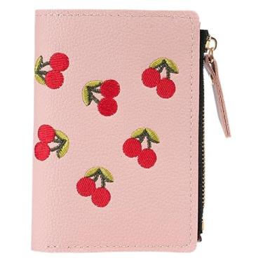 Imagem de Carteira feminina de cereja fofa vintage com bolso para moedas, pequena carteira de couro rosa com zíper Kawaii, bolsa de viagem, bordado de cereja