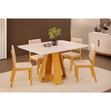Imagem de Conjunto: Mesa Sala Jantar Celeste c/ Tampo Madeirado c/ Vidro Curvo 120x90cm e 4 Cadeiras Talia Cedro/Off White - Suede Creme - DJ Móveis