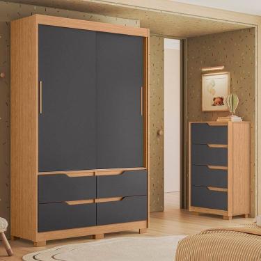 Imagem de Conjunto Quarto Infantil Guarda-Roupa e Cômoda Sole Freijó / Titanium