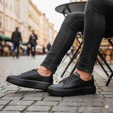 Imagem de Tênis Sneaker Masculino Couro Legítimo Sola Alta Urbano-Masculino