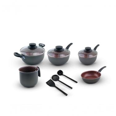 Imagem de Conjunto De Panelas Elegan Em Alumínio Antiaderente E Pegadores De Baquelite 5 Peças Cor:Chumbo