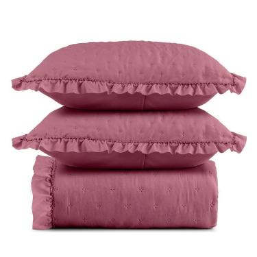 Imagem de Kit Colcha Cobre Leito 200 Fios King 3 Peças Bella Babado 100% Poliéster - Rosa