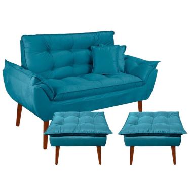 Imagem de Kit Poltrona Decorativa Namoradeira 2 Puffs Opala E 2 Almofadas Suede - Lm Decor Azul Claro