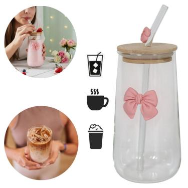 Imagem de Copo De Vidro Fofo Com Tampa E Canudo Laço De Coquette 500ml