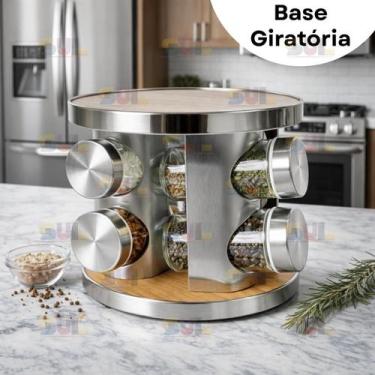 Imagem de Porta Tempero 8 POTES Condimento Giratorio Inox e Acabamento Mdf Bambu