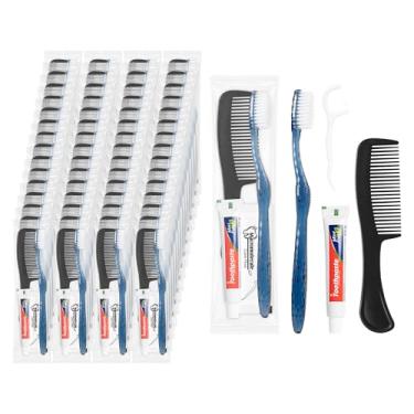Imagem de Lilingsty Escovas de dentes de viagem com pasta de dente, kit de higiene a granel com escovas de dentes descartáveis, pasta de dente de 10 g, palhetas de fio dental, pente, embalado individualmente