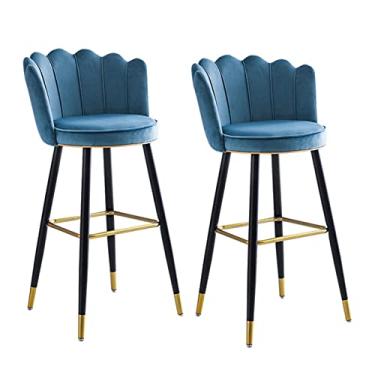 Imagem de Bancos Azuis De Barra De 2, Bancos De Barra Traseiro Da Ilha De Velvet Kitchen, Altura Do Balcão, Pernas De Metal Preto Com Apoio De Pé De Ouro, Para Barras, Cafés, Salões, Pubs, 75cm
