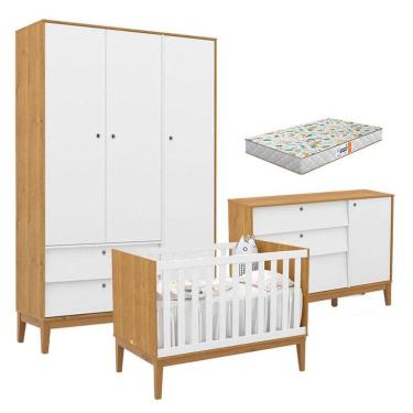 Imagem de Quarto de Bebe Unique 3 Portas com Cômoda Sapateira Freijó Branco Soft Eco Wood e Colchão Gazin - Matic