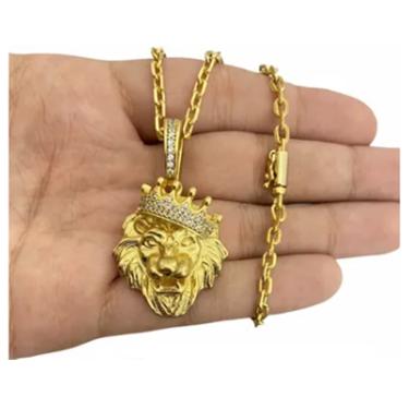 Imagem de Cordão Cadeado 3mm Luxo + Pingente Leão Banhado A Ouro 18k