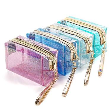 Imagem de 4 bolsas de cosméticos impermeáveis PVC transparente com zíper e alça de alça bolsa de maquiagem transparente portátil para banheiro, férias e organização.., Transparente., Small (4 Count), Tendência