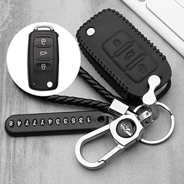 Imagem de YJADHU Capa de couro para chave de carro, apto para VW Golf 5 7 Bora MK6 7 Jetta Polo Passat B5 B6 B8 Skoda Octavia A5 Fabia SEAT Ibiza Leon, A, preto