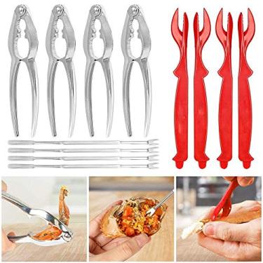 Imagem de 12 peças de ferramentas para frutos do mar, garfos de aço inoxidável, conjunto de garfos, abridor de porcas, lagosta, pernas de lagosta, acessórios de cozinha (4 garfos, 4 biscoitos de caranguejo, 4 lagostas)