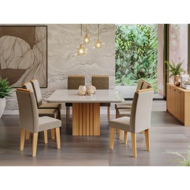 Imagem de Conjunto de Mesa de Jantar Quadrada com Tampo de Vidro Off White Ana e 8 Cadeiras Tais Suede Joli e Nature
