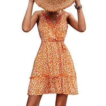 Imagem de Vestido feminino de verão sem mangas, floral, frente única, decote em V, vestido curto com babados, Branco, laranja, P