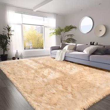Imagem de SERISSA Tapete de pele sintética ultra macio 1,8 x 2,7 m, tapete felpudo fofo bege pele de carneiro sintética tapete felpudo, tapete peludo para sala de estar, quarto, decoração de quarto de berçário (retângulo, bege)
