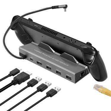 Imagem de Estação de ancoragem para Steam Deck, base Steam Deck 6 em 1 com HDMI 4K a 60Hz, Gigabit Ethernet 1000Mbps, 3 portas de carregamento USB-A e USB-C de 100 W compatíveis com acessórios ROG Ally/Valve