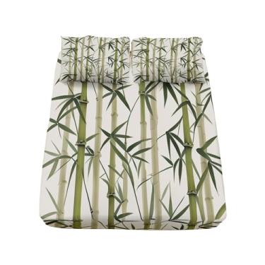 Imagem de Jogo de lençol King macio, decorativo de bambu vegetal, bolso elástico (40,6 cm), 4 peças, lençol de cima, branco e verde, resistente a vincos