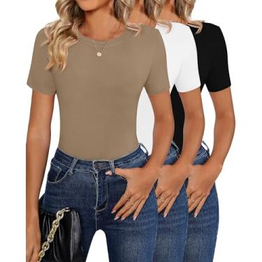 Imagem de Huukeay Pacote com 3 camisetas femininas de manga curta e gola redonda, gola redonda, cor sólida, camisetas básicas elásticas, Preto, branco, cáqui, M