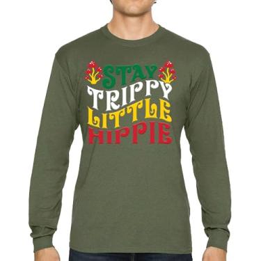 Imagem de Camiseta de manga comprida com estampa "Stay Trippy Little Hippie" Hippies Vintage Peace Love Happiness Retro 70s Cogumelos, Verde militar, M