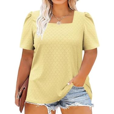 Imagem de ROSRISS Camisetas femininas plus size de verão bufante manga curta camisetas de gola quadrada lindas túnicas com ilhós, 05_Amarelo, 3G