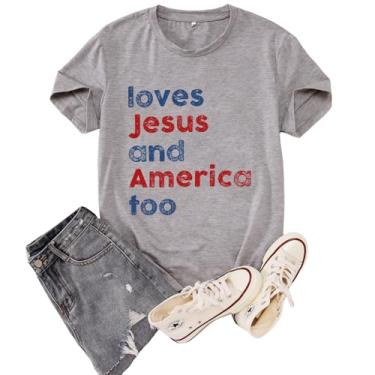 Imagem de BOUTIKOME Camisetas femininas de 4 de julho Love Jesus and America Too Camiseta Dia da Independência camiseta patriótica de manga curta, Cinza claro, GG