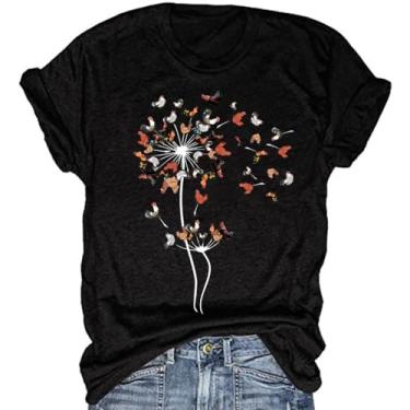 Imagem de Camisetas femininas com estampa de dente-de-leão para meninas adolescentes e amantes de flores silvestres, Galinha preta, P